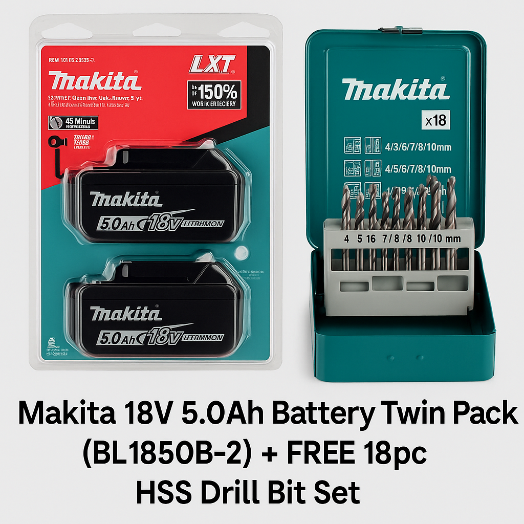 Makita 18V 5.0Ah Battery Twin Pack (BL1850B-2) + FREE 18pc HSS Drill Bit Set