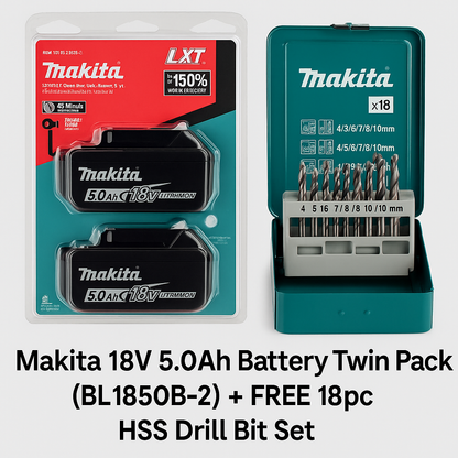 Makita 18V 5.0Ah Battery Twin Pack (BL1850B-2) + FREE 18pc HSS Drill Bit Set